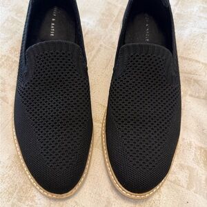 Kelly & Katie Black Knit Slip-On Loafers with Tan Trim
